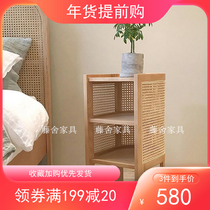 Nordic solid wood rattan bedside table Korean ins retro small tea table bedroom locker Japanese small cabinet double deck