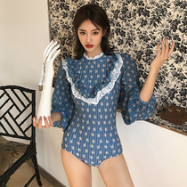 (Clearance does not return medium) retro lace long sleeve thin belly fairy swimsuit female one-piece halter back protection