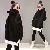 European station womens long loose Korean version 2021 Spring and Autumn New European hooded long sleeve fake two-piece coat