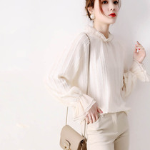 Japanese light luxury fell in love with her temperament at a glance Wooden ear side collar small loose beige ruffle sleeve chiffon shirt blouse