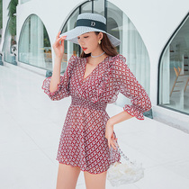 Vidos new swimsuit women sprinkle red high-waisted three-piece bikini belly covering shirt thin hot spring swimsuit summer