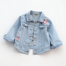 Girls Embroidery Flower Light denim Jacket Baby lapel Denim Jacket 2021 spring and Autumn childrens clothing