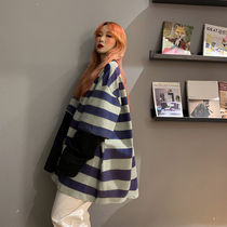 Korean version of Harajuku Port wind fat mm fake two-piece striped long-sleeved T-shirt loose large size womens clothing 200 pounds of student clothes