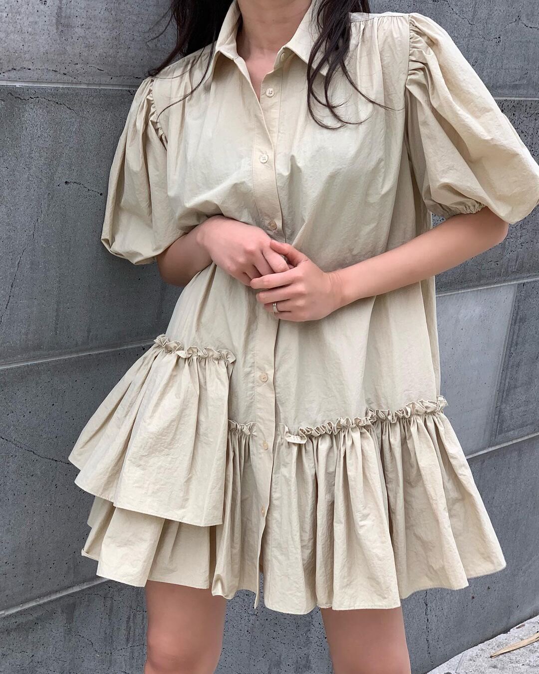 泡泡袖下摆褶皱连衣裙 牛仔马甲-mimi韩风5736#55.