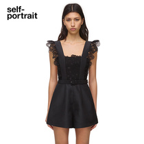 self-portrait classic black square neck leaf lace flyaway sleeve shorts