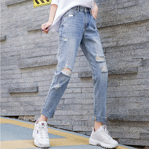 Ripped jeans womens 2019 new summer high waist loose thin straight pants Korean casual nine-point pants thin section