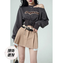 Aunt Barbie Short-style Shoulder Sweatshirt Woman Spring New Design Sense Waist Seal Long Sleeve Hot Girl Suit Hanging Neck