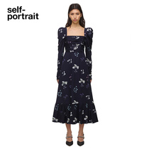 self-portrait blue floral navy vintage print square neck leg of lamb sleeve maxi dress