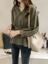 Fashion brand Ocnltiy autumn new waist cotton linen top womens shirt foreign style fashion long-sleeved shirt women