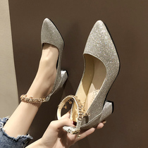 High heels women 2021 summer new Korean version of Joker Pointy word buckle sandals fairy wind rough heel single shoes tide