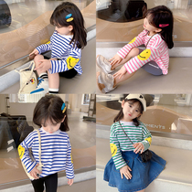 Baby cartoon smiling face with undershirt striped spring dress New Yangge girl pure cotton blouse round neck long sleeve T-shirt Chunqiu