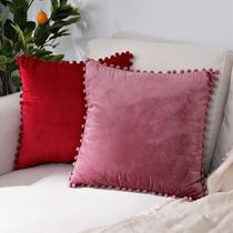 Nordic Net red hair ball pillow cushion sofa living room bedside cushion solid color velvet pillowcase without core