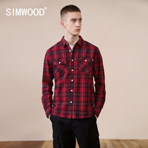 Simwood Jianmu mens simple autumn new mens lapel chest pocket plaid casual long-sleeved shirt