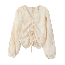 Huang not annoying shirt female design sense niche drawstring long sleeve summer French temperament V collar casual light familiar wind shirt