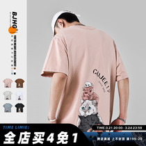 Summer 2021 cat pattern print short sleeve t-shirt mens Hong Kong style national trend high street loose five-and-a-half sleeve couples wear