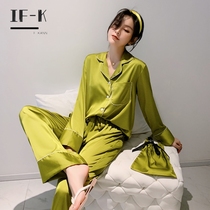 IF-KANN spring and autumn Korean version of silk home clothes long-sleeved loose open shirt simple ice silk pajama suit woman