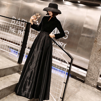 Black evening dress women 2021 new thin long section noble V-neck temperament annual meeting banquet party summer long sleeve