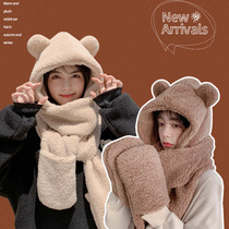 Scarf hat gloves three-piece set of one Korean cute ear protection warm plush bib student winter thick female