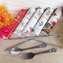 Pen holder type stainless steel chopstick spoon fork 3-3 pieces with smiley face soup spoon Travel white-collar travel with portable cutlery