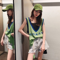 Knitted camisole women wear student cool bf yafeng loose sleeveless top avocado green ice silk T-shirt