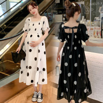 White French polo dress 2021 early autumn new square collar temperament thin knee over belly pregnant woman long skirt