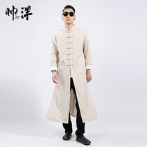 Cotton and linen Tang suit mens long-sleeved Chinese style autumn long-sleeved jacket Scholar temperament retro Chinese stand-up collar long cardigan