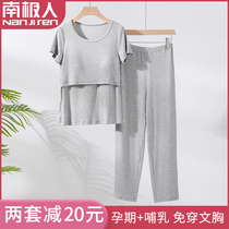 Nursing top short sleeve spring and summer thin confinement dress pregnant women pajamas no bra postpartum feeding home two-piece set