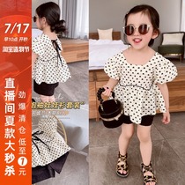 Girls suit 2021 summer new socialite love bubble sleeve doll shirt shorts children temperament two-piece set