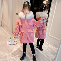 Girls coat winter Parker dress big wool collar cotton coat 2022 new children plus velvet padded medium-length cotton-padded jacket tide