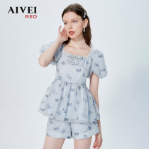 AIVEI congratulates Ivy 2022 summer new lace square neck high-waisted doll shirt printed short set P0360127