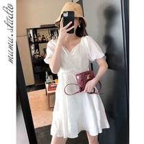 White first love skirt summer 2020 new bubble sleeve waist thin French gentle wind fat mm large size dress