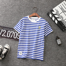 Childrens striped short-sleeved T-shirt navy cotton round neck half-sleeve dress casual summer boys and girls baby tops