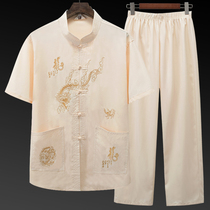 Summer thin short-sleeved tang-suit Chinese wind embroidery suit dad middle-aged grandpa Chinese-style old man clothes