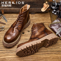 Martin boots increase big head real leather boots in the middle of the autumn plus velvet tooling high leather shoes British thick soles mens boots tide