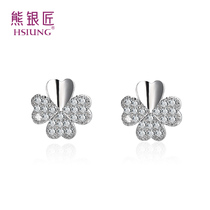 Bear silversmith silver jewelry S925 silver earrings women inlaid clover plant flowers and grass temperament earrings to send girlfriend