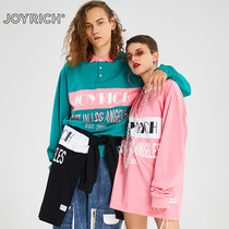JOYRICH official Tide Brand Couple Contrast Pullover polo Collar Long Sleeve Loose T-shirt