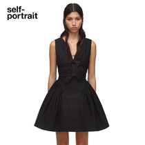 self-portrait classic black cotton poplin bow V-neck sleeveless puffy dress