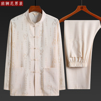 New spring and summer long-sleeved Chinese style embroidery stand-up collar Zhongshan suit middle-aged and elderly linen Tang suit retro suit two-piece set