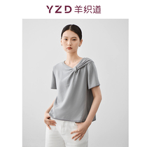 Sheep weaves Sea Tides Tidal Front Piece Twist Knot headcoat blouse Skysilk with wool design Short sleeves T-shirt
