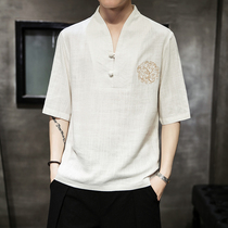 2019 summer Chinese style cotton linen loose size short sleeve retro trend personality embroidery linen T-shirt casual men