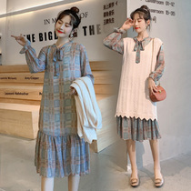 Pregnant women autumn suit fashion style tide mom wool sundress two-piece set Foreign style age-reducing pregnant temperament dress