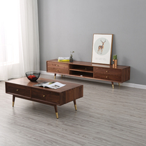 Nordic black walnut tea table simple small apartment solid wood square tea table living room four smoke coffee table TV cabinet combination