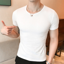 Ming Li short sleeve T-shirt men black and white solid color tight Korean half sleeve T slim body shirt men trend round neck base shirt