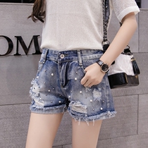 European station high waist hole denim shorts womens summer loose curl edge thin heavy industry nail wide leg a hot pants