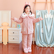 Childrens home conserved triple laminated cotton thickened 2021 Winter girls flannel pyjamas pyjamas warm suit