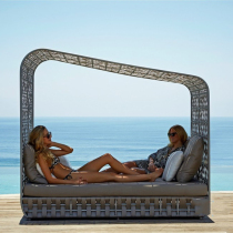 Custom Outdoor Lying Bed Rattan FLOOR DOUBLE CREATIVE FURNITURE INTERIOR EXTERIOR WITH SUN CANOPY HOLIDAY VILLAGE VINES ART BED