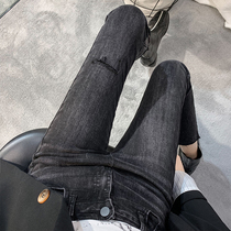 Black small straight jeans womens thin velvet high waist loose thin 2020 autumn and winter new hole nine-point smoke pipe pants