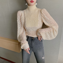 Autumn and winter new lantern sleeve embroidered lace base shirt womens body mesh yarn inside the small shirt high-end exquisite top