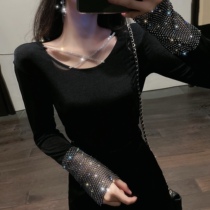 2020 Autumn New Port flavor retro base shirt with long sleeve stitching rhinestone chain on clothes slim slim
