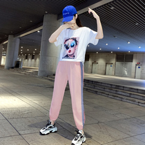 Casual Fashion Sportswear Suit Women 2020 Summer Dress New Korean Version Loose Ice Silk 90% Pants Short Sleeve Two-piece Set